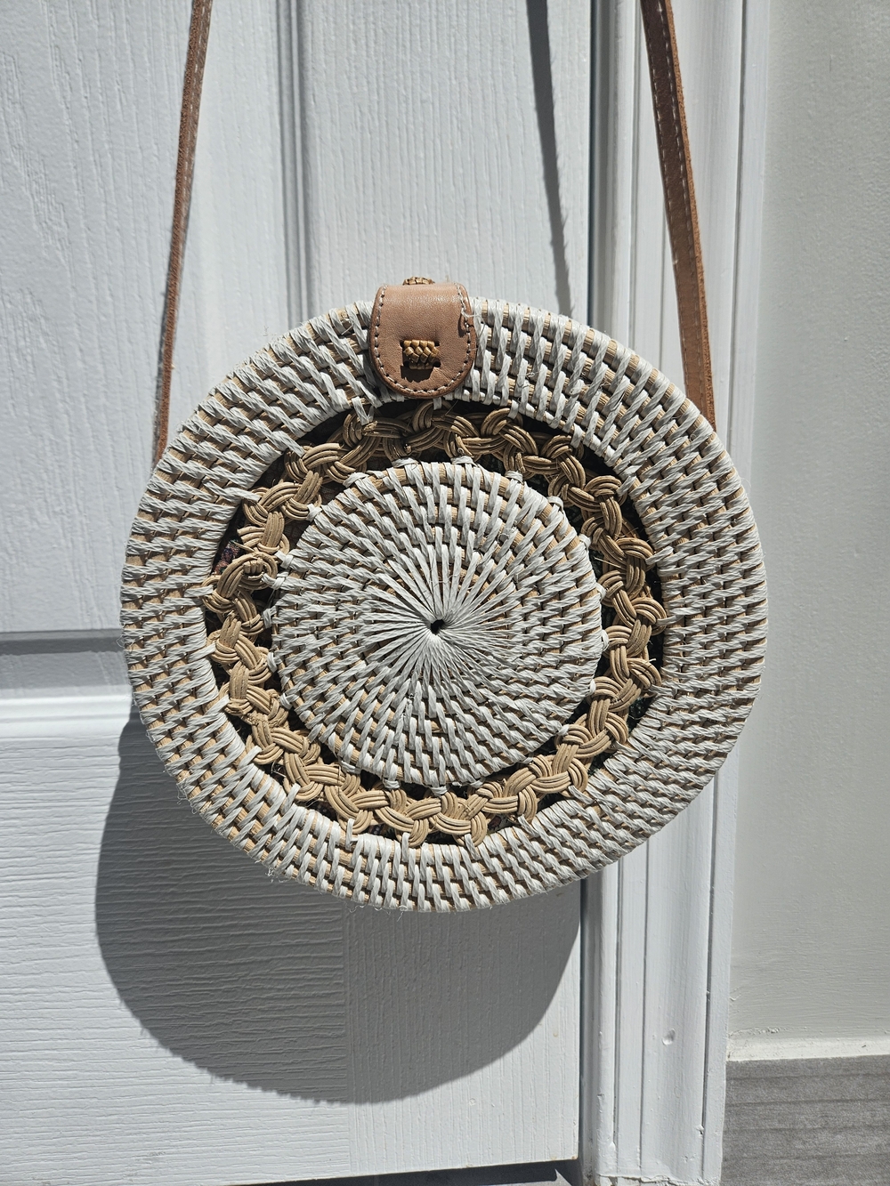 White Bali Braid Round Rattan Crossbody Bag